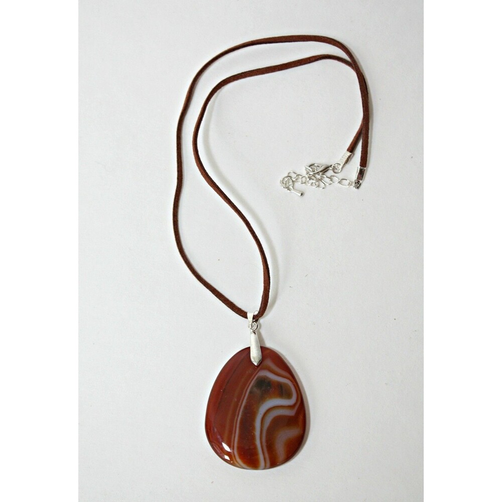 OOAK Unique Agate Stone Pendant Necklace Light Brown Teardrop Stone White Waves - Picture 4 of 5